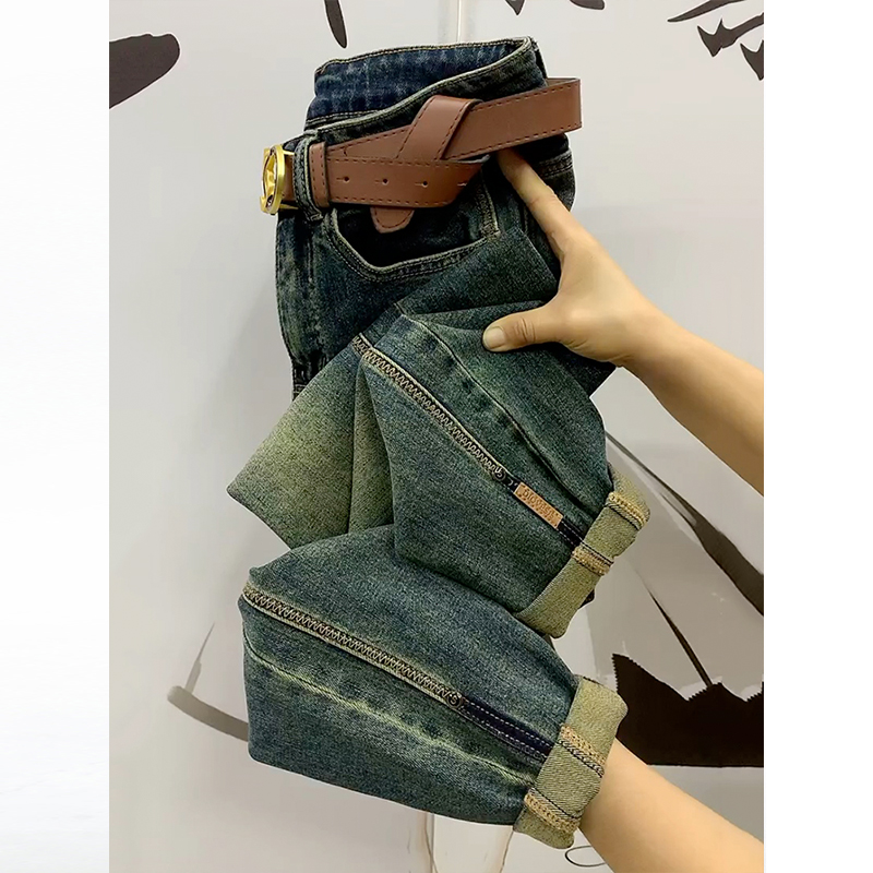 不加絨高腰牛仔褲女秋季新款直筒顯瘦做舊美式哈倫老爹褲子潮