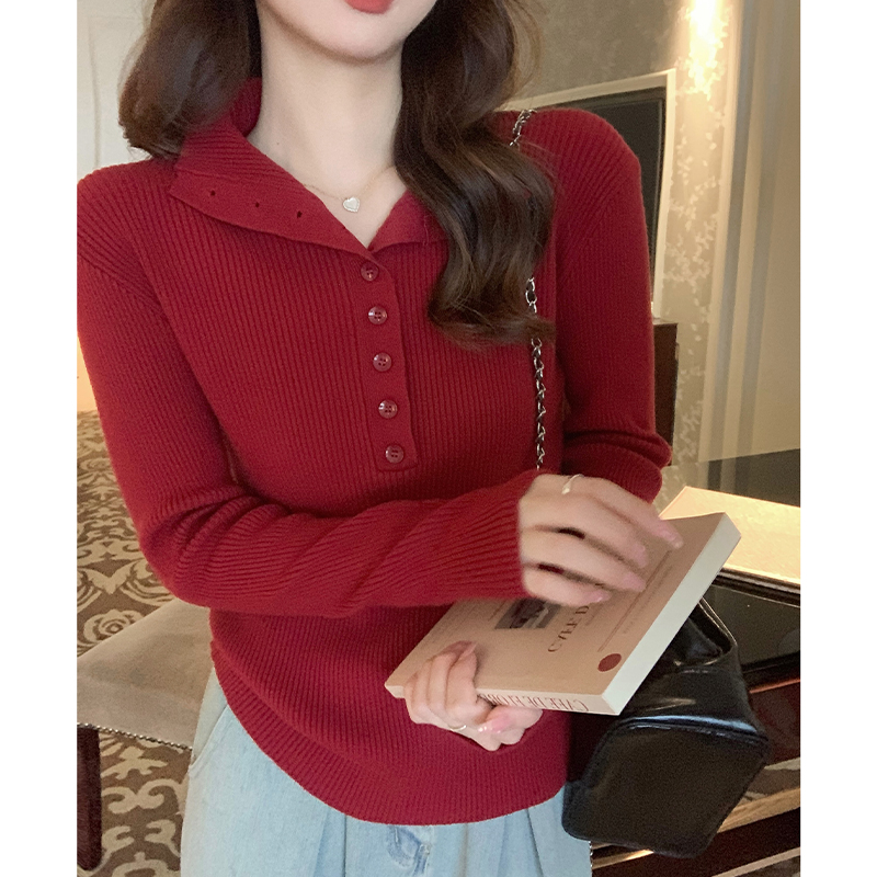 實拍高級感純欲風單排扣毛衣針織衫女秋冬季內搭露鎖骨上衣