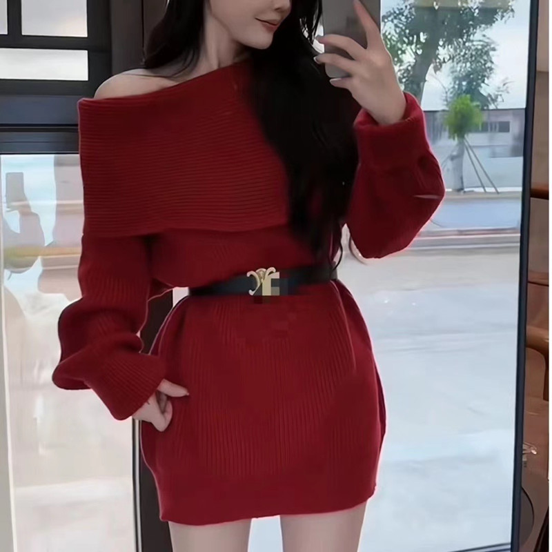 Loose, lazy and versatile one-shoulder mid-length sweater for autumn and winter new design sweater dress for women