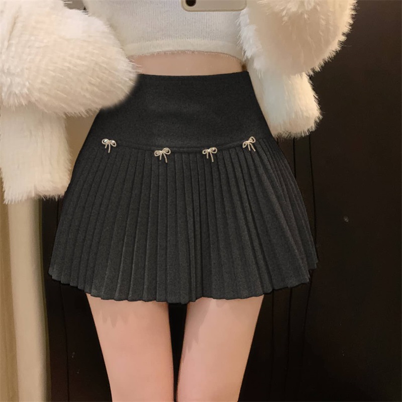 Real shot!  Bow-tie woolen anti-exposure versatile high-waisted A-line pleated skirt for little people
