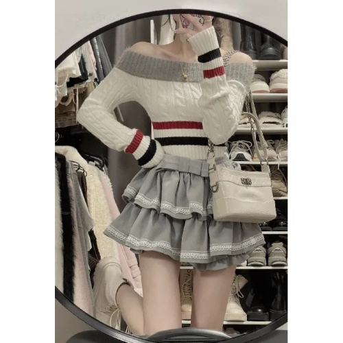 Complete three standards - Thick fabric  autumn and winter new street sweater one-shoulder knitted top Internet celebrity