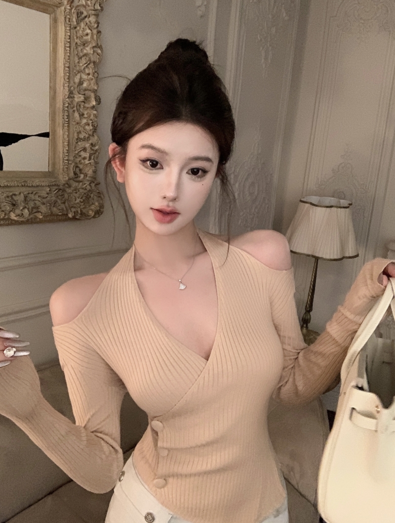實拍 掛脖針織衫女設計感打底衫修身顯瘦性感辣妹露肩上衣