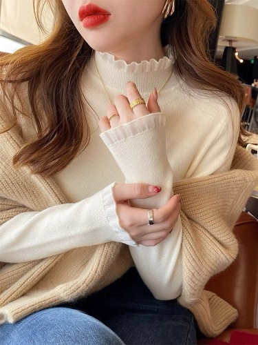 Official Image Half-High Collar Mushroom Edge Knitted Base Shirt for Women Autumn and Winter Little Black Dress Style Lace Splicing T-Shirt with Fleece Upshirt