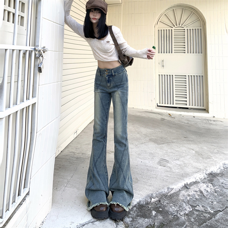 實拍~2024年春季新款復古高腰雙扣牛仔褲女明線設計微喇褲子ins潮