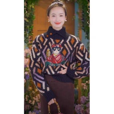 秋冬復古高領保暖黑色菱格時尚女士羊絨毛衣套頭寬鬆長袖上衣百搭