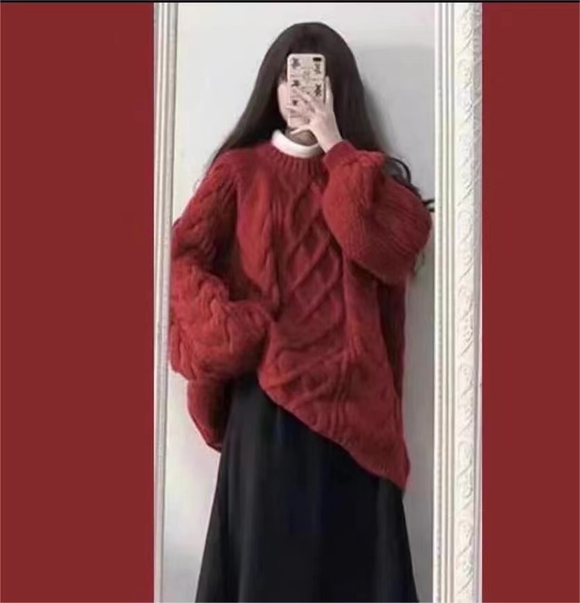 秋冬季女裝新款韓版圓領麻花針織衫紫色外穿甜美毛衣女慵懶風上衣