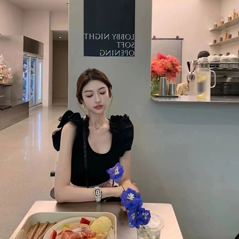 當天發黑色荷葉邊短款t恤女夏季新款法式氣質圓領背心上衣潮