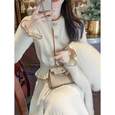 魚兔子的兔子針織上衣女秋冬2023新款開衫韓系修身木耳邊撞色毛衣