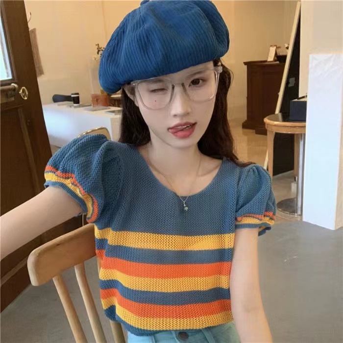 條紋泡泡袖短袖針織衫女夏季薄款2023新款設計感小眾獨特短款上衣