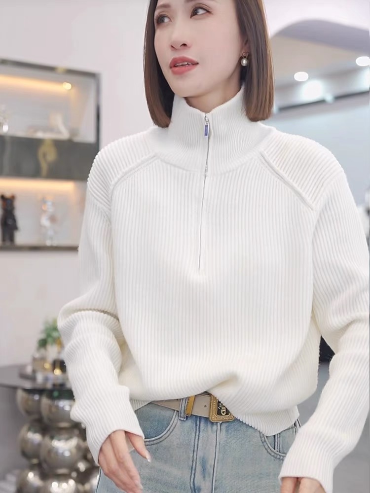 2023秋冬韓系時尚休閒高領半拉鏈毛衣高級感寬鬆軟糯針織衫上衣女