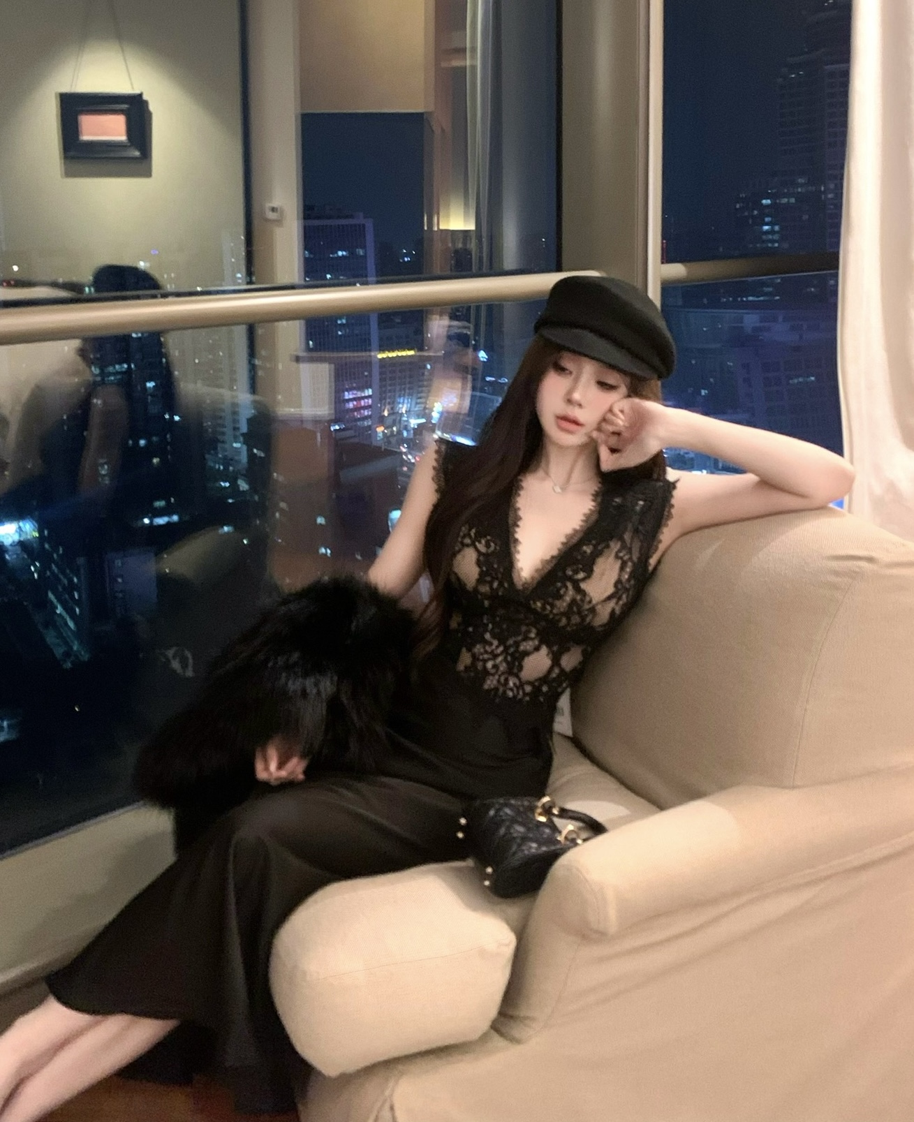 獨+原創女神名媛蕾絲立體剪裁深V上衣+巨顯腿長魚尾裙