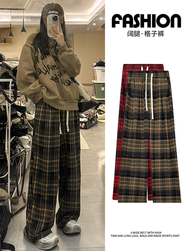 原版高密磨毛格子 黃格子休閒直筒褲女