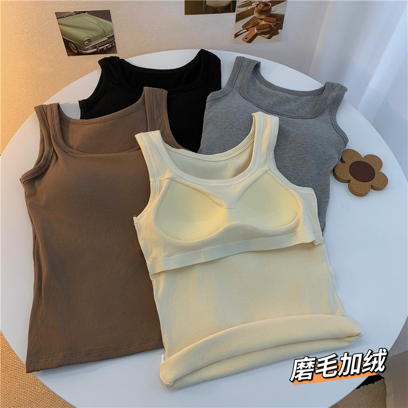 實拍~冬季圓領磨毛保暖背心修身內搭帶胸墊無袖打底衣