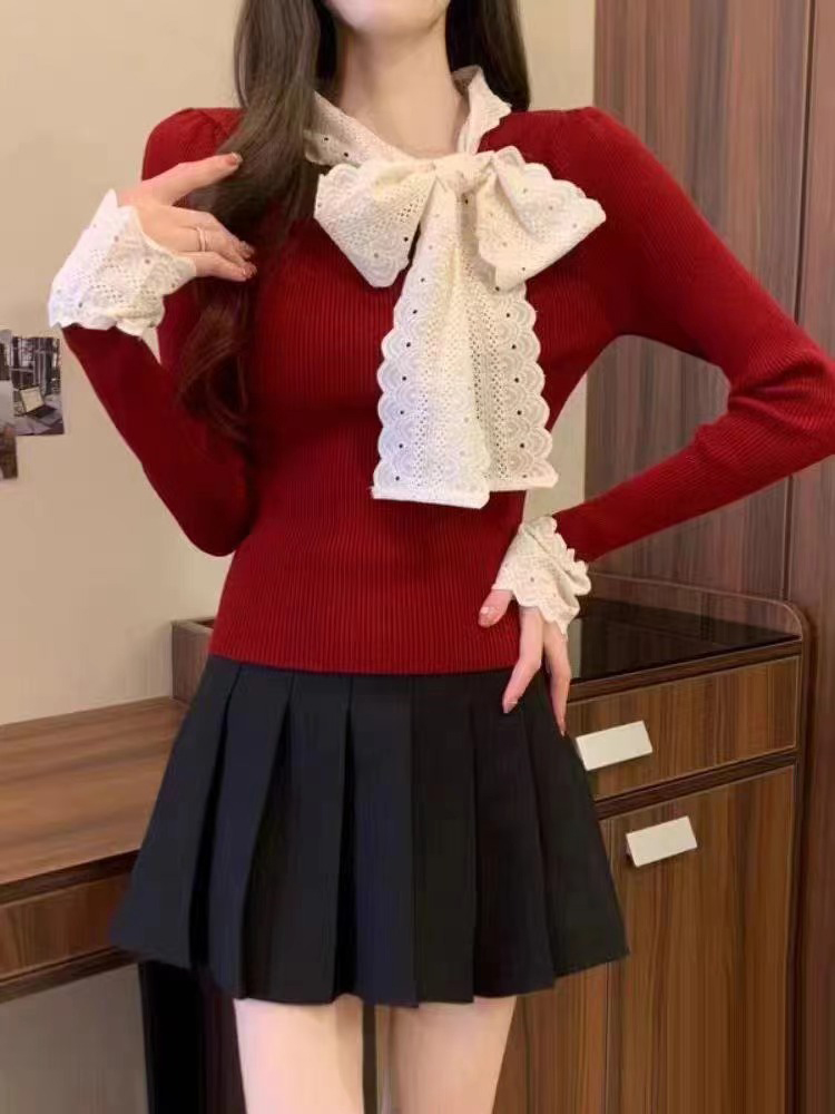 Autumn and winter Korean style sweet lace bow stitching long-sleeved tops for women spring and autumn knitted sweater tops
