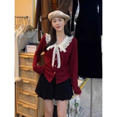 2023 new autumn and winter Korean style unique design ruffled butterfly lace-up cardigan top for women