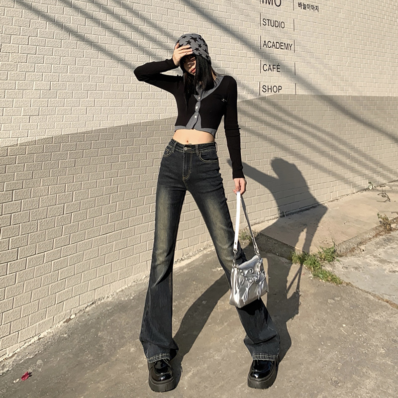 實拍~2024年春季新款韓版百搭水泥灰辣妹微喇彈力牛仔褲女ins潮
