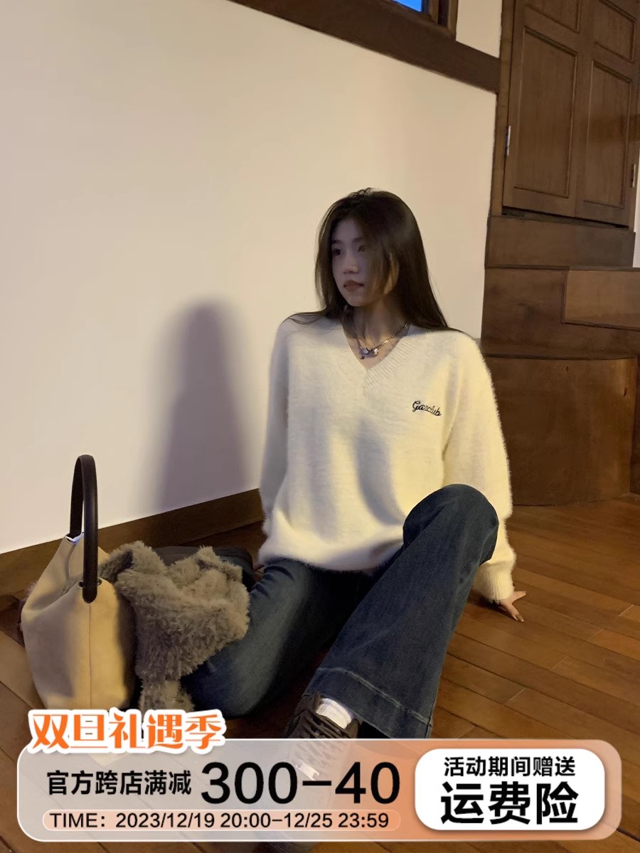 美式慵懶寬鬆V領馬海毛毛衣2023新款秋冬男女仿水貂毛針織衫