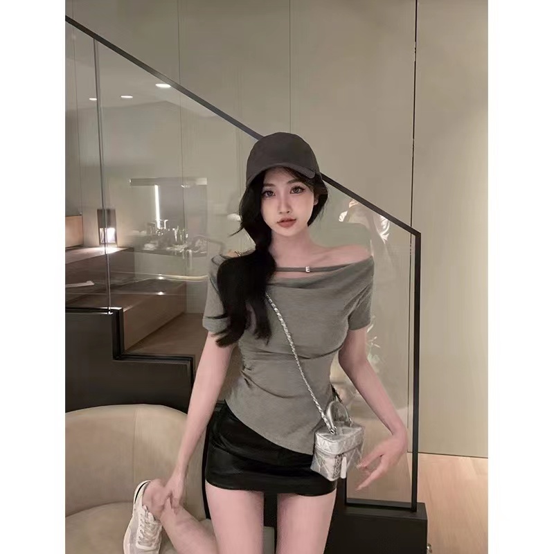 yaoxiaojie/姚小姐純欲一字肩短袖T恤女夏季露肩盪領開叉收腰上衣