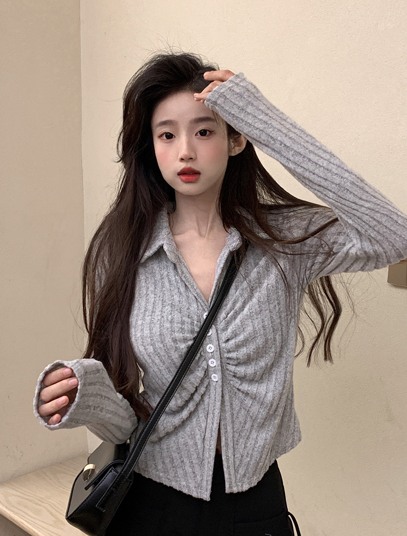 實拍~早春新款小翻領修身顯瘦純欲風長袖T恤