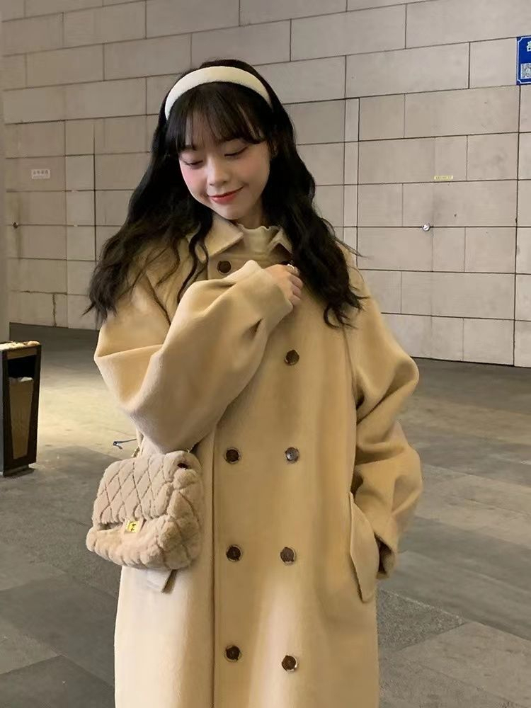毛呢外套女中長款2023秋冬新款學院風韓版小個子寬鬆加厚呢子大衣