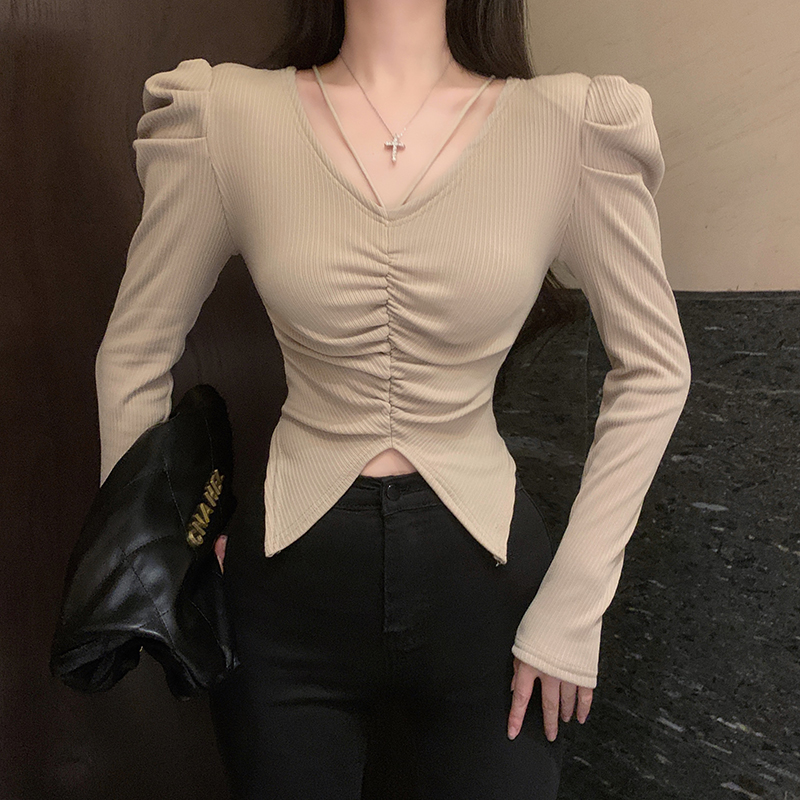 實拍 韓版設計感掛脖顯瘦針織上衣小眾褶皺修身短款長袖針織T恤女