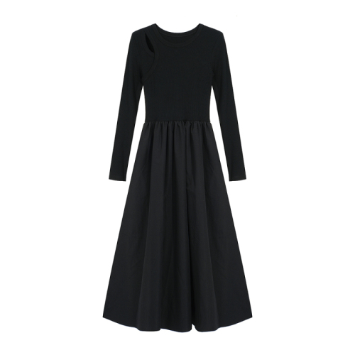 Actual shot of 2024 spring new style hollow knitted long-sleeved dress, feminine, slim and slim long skirt