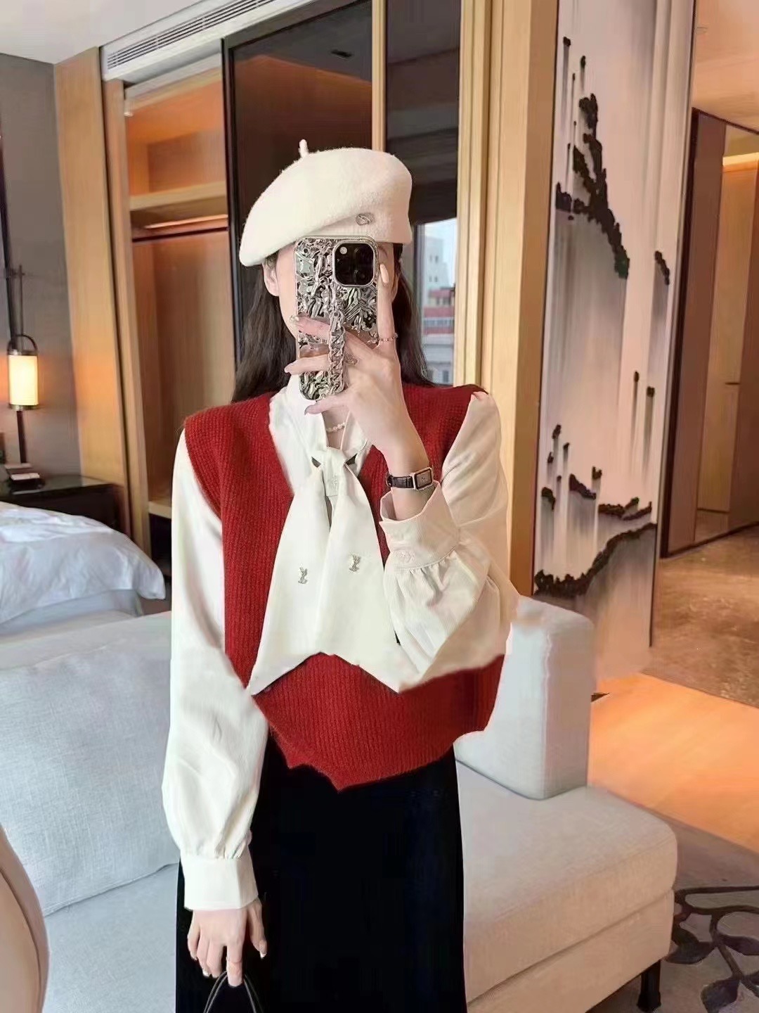 Fashion suit for women early spring new red sweater vest long-sleeved bow shirt design niche two-piece set