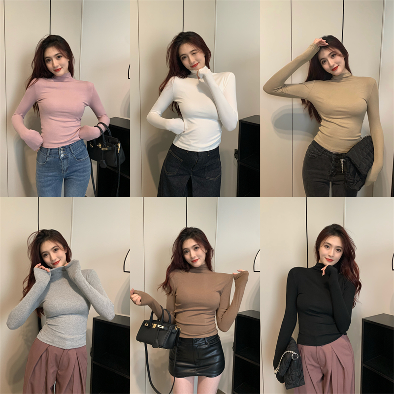 Actual shot of the new autumn and winter Hong Kong style high-neck brushed ribbed cotton slim fit long-sleeved bottoming shirt top