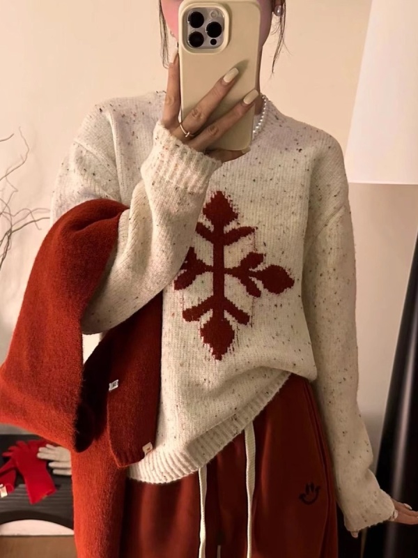 聖誕雪花圖案羊毛針織衫女秋冬加厚慵懶風氛圍感穿搭寬鬆加厚毛衣