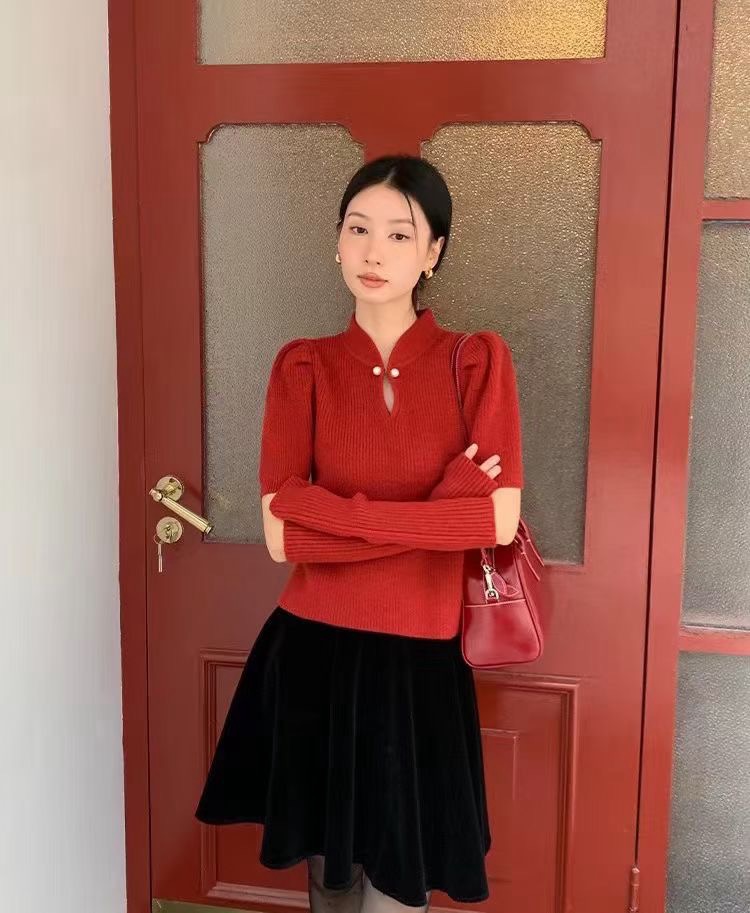 新中式純欲辣妹袖套毛衣秋冬新款設計感小眾顯瘦洋氣毛針織衫上衣