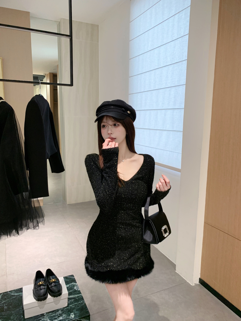 實拍 性感復古拼接連衣裙女冬設計感黑色流蘇閃閃裙包臀裙子