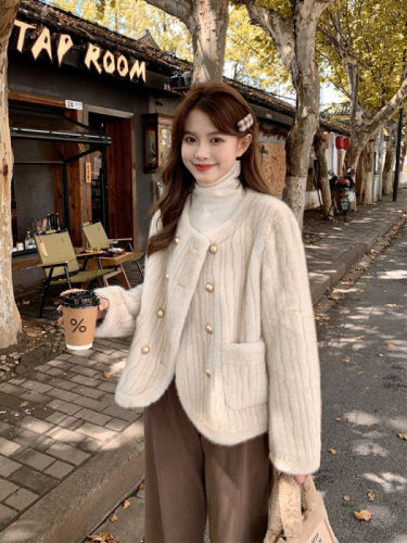  autumn and winter French style thickened imitation mink fur one-piece striped fur eco-friendly fur women's jacket
