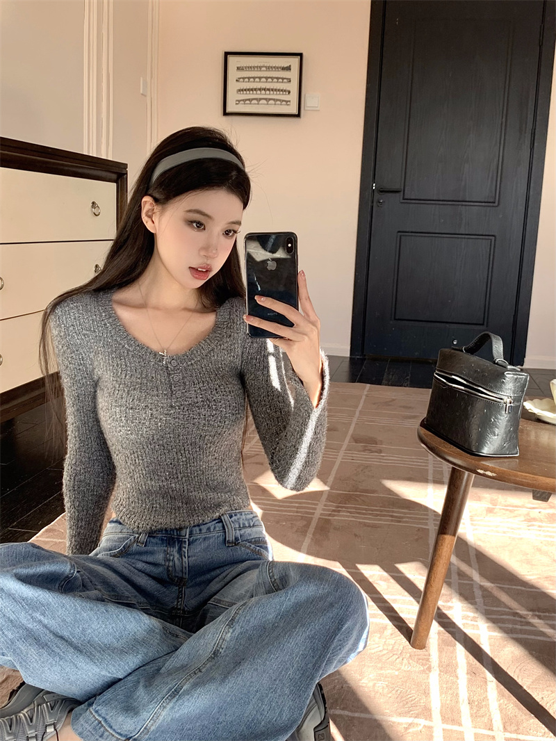 實拍 美式小眾氣質顯瘦修身針織毛衣上衣