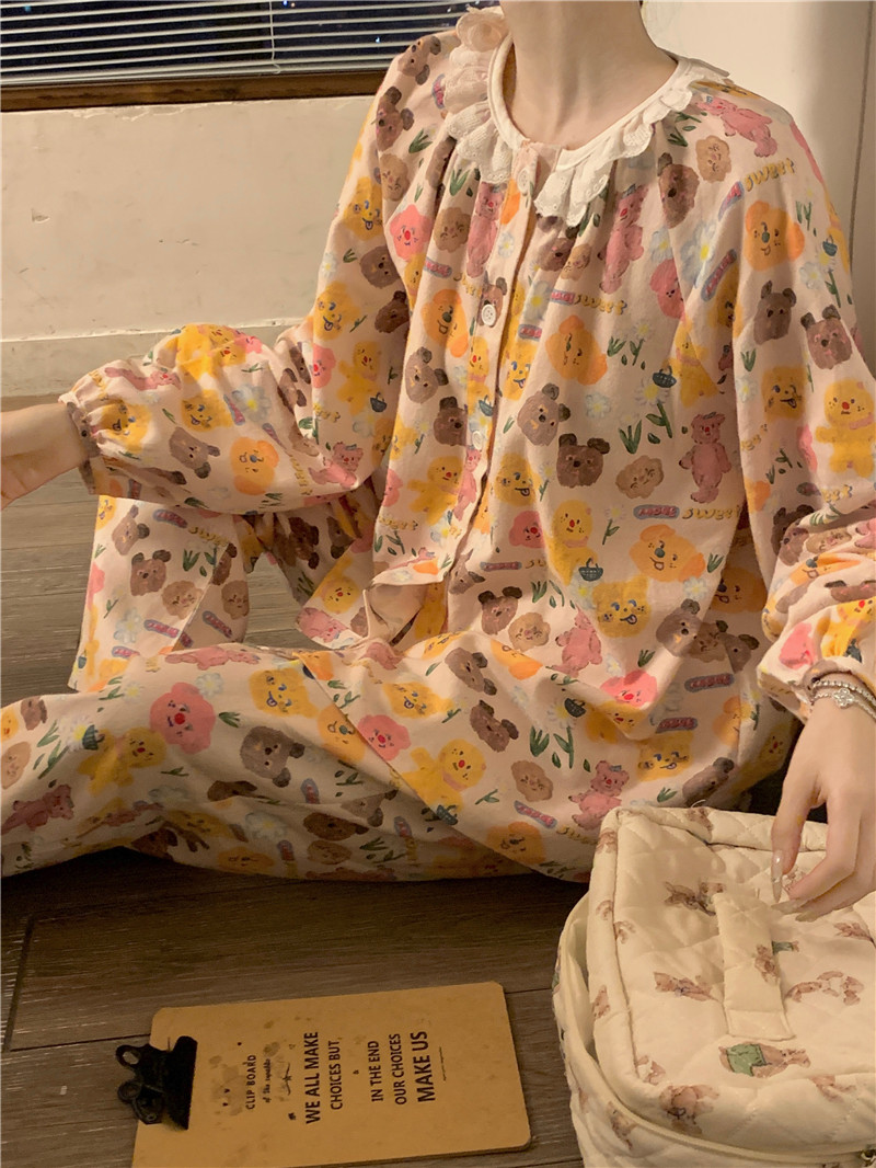 實拍韓版休閒舒適卡通全棉磨毛秋冬保暖花邊蕾絲寬鬆家居服套