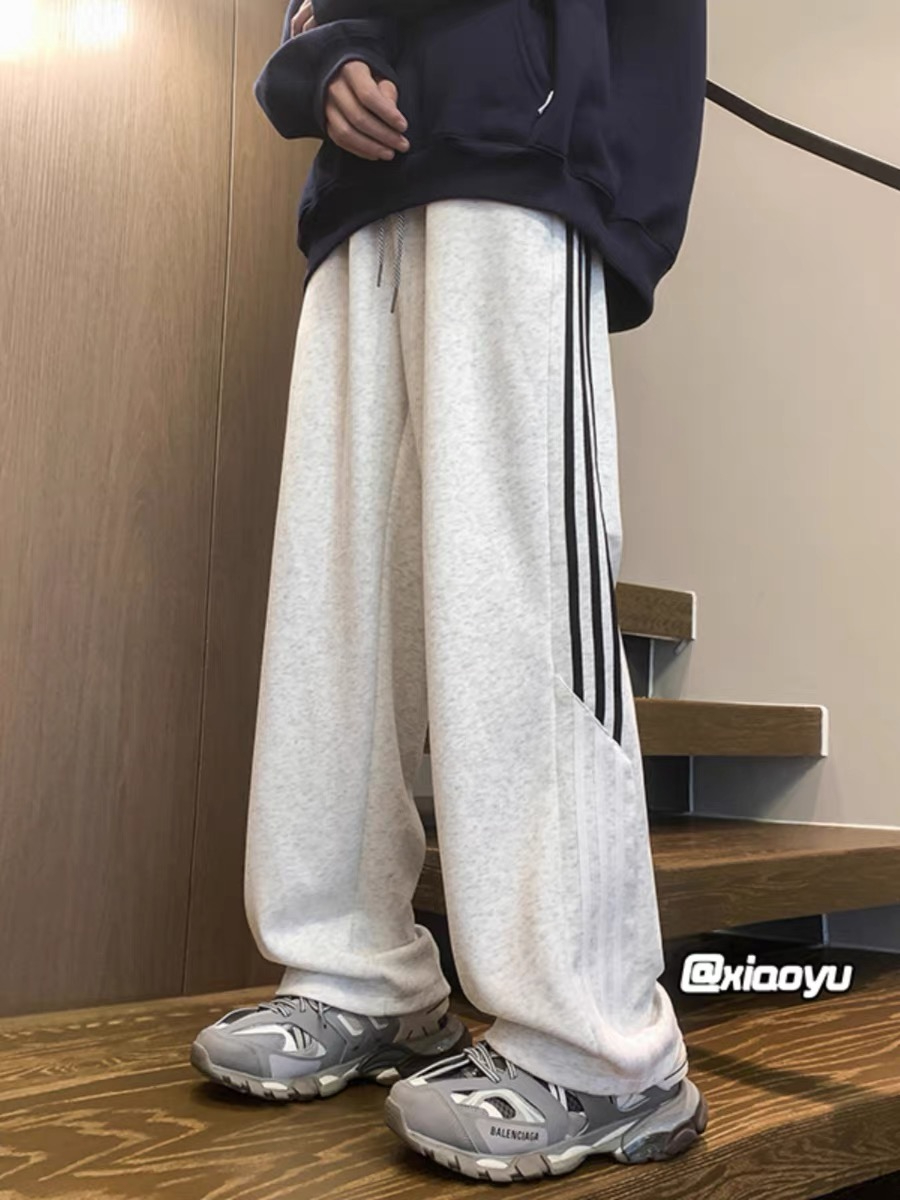 華棉複合美式條紋衛褲款秋季寬鬆直筒運動褲子休閒長褲