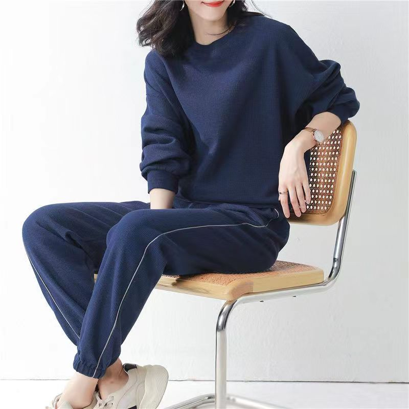 棉華夫格運動套裝女2024春秋新款時尚圓領長袖休閒跑步服女裝衛衣