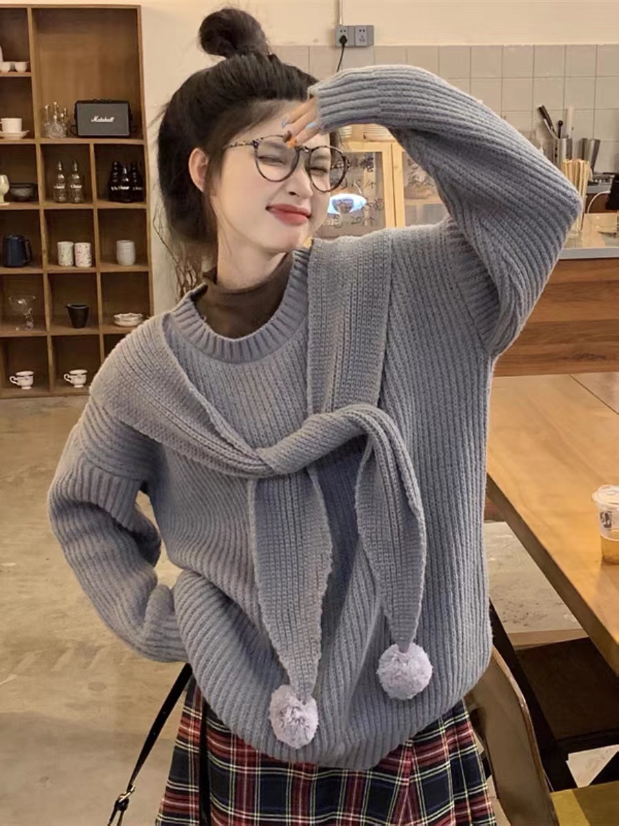 粉色加厚慵懶圓領毛衣女秋冬新款小眾帽子圍巾針織上衣兩件套
