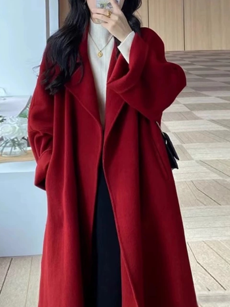 紅色呢子大衣女中長款2023秋冬新款寬鬆高級感毛呢外套