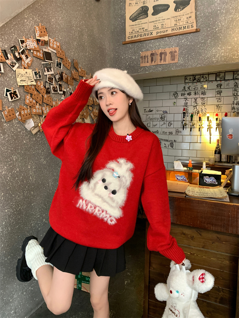 實拍 甜酷少女風百搭紅色秋冬聖誕紅圓領毛衣寬鬆上衣