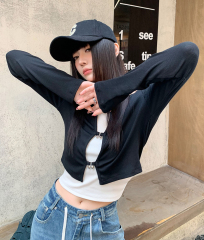 Actual shot of 2024 spring new long-sleeved T-shirt women's black slim vest + outer shirt hot girl short top two-piece set