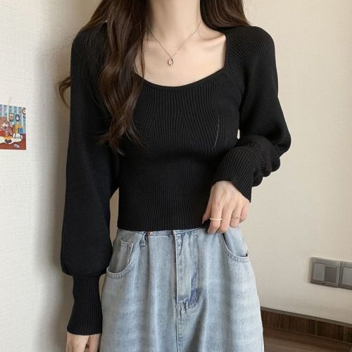 Korean-style square neck long-sleeved short pullover sweater for women 2023 spring and autumn new slim and versatile top with core yarn