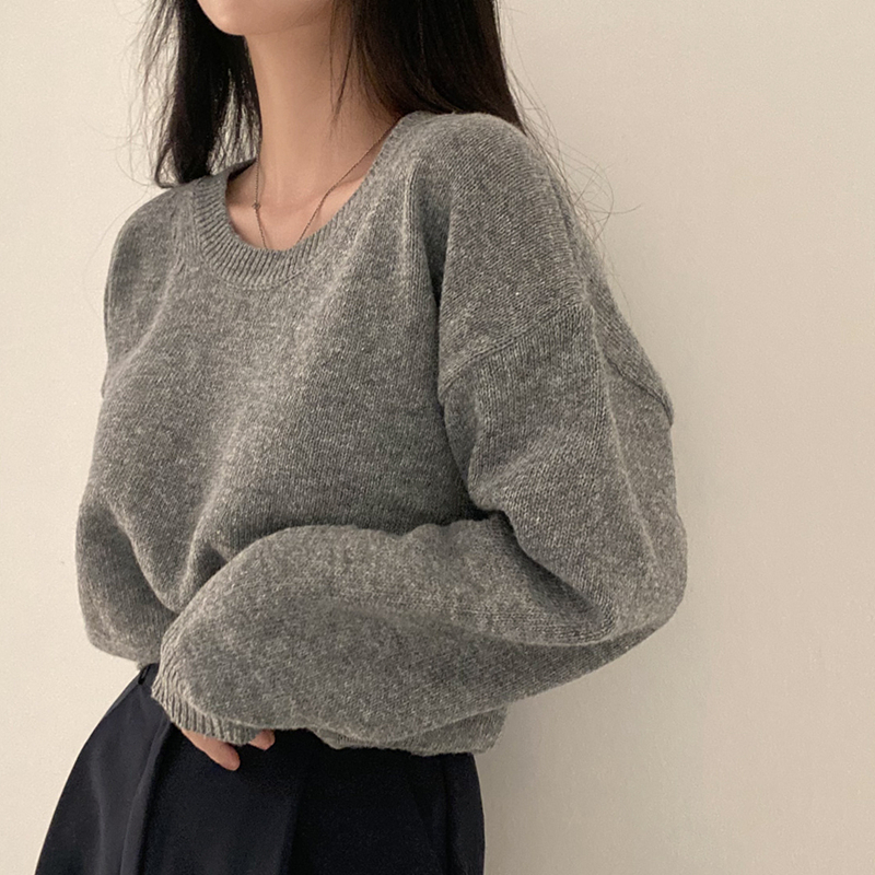 韓國chic百搭圓領套頭毛衣純色長袖針織上衣女