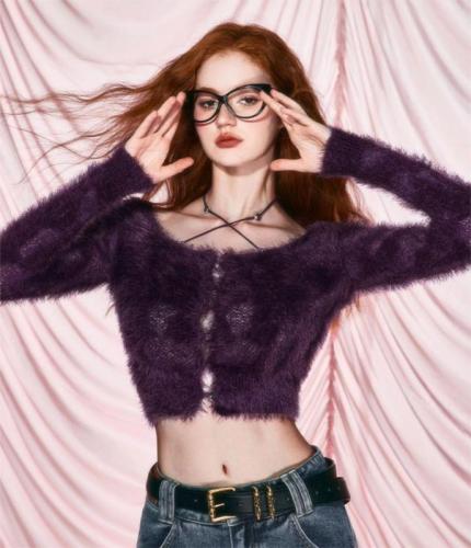 Ju Jingyi's same sweater for autumn and winter, new furry bottoming shirt, gentle temperament, short purple grape girl top