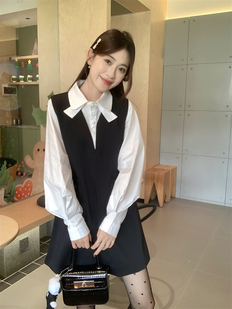 Actual shot of leather bow tank top, autumn and winter snow cap mousse white shirt, women's two-piece set