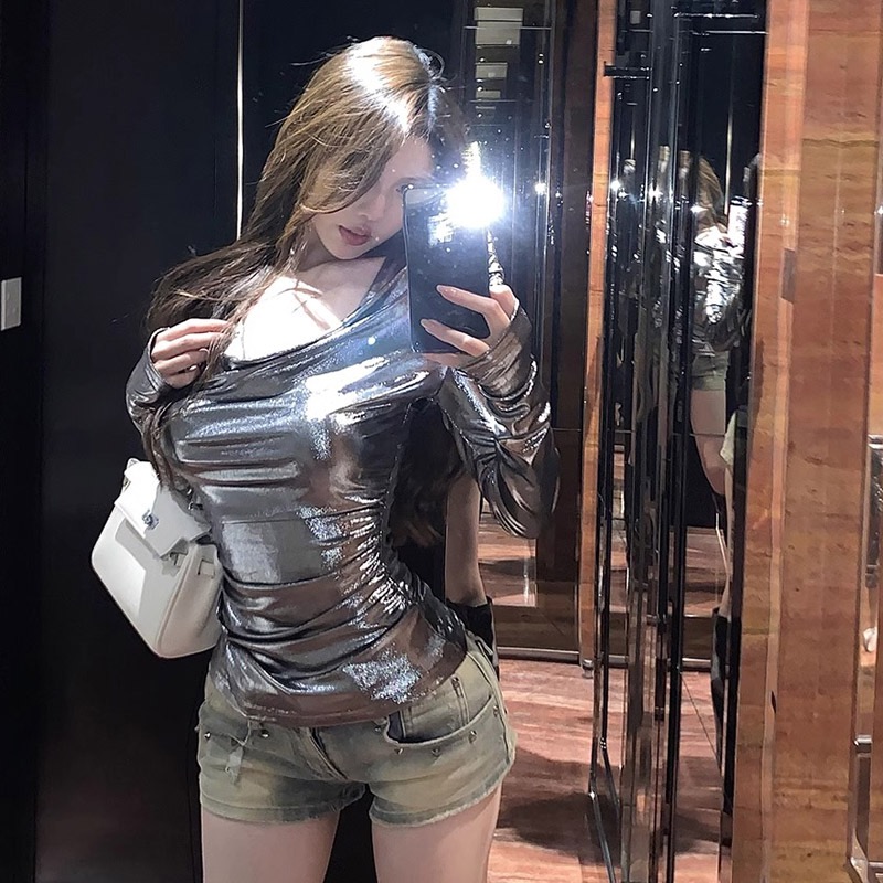Pure Desire Hot Girl Nightclub Style Top Women's Spring and Autumn American Shiny Long Sleeve T-shirt Bottoming Top