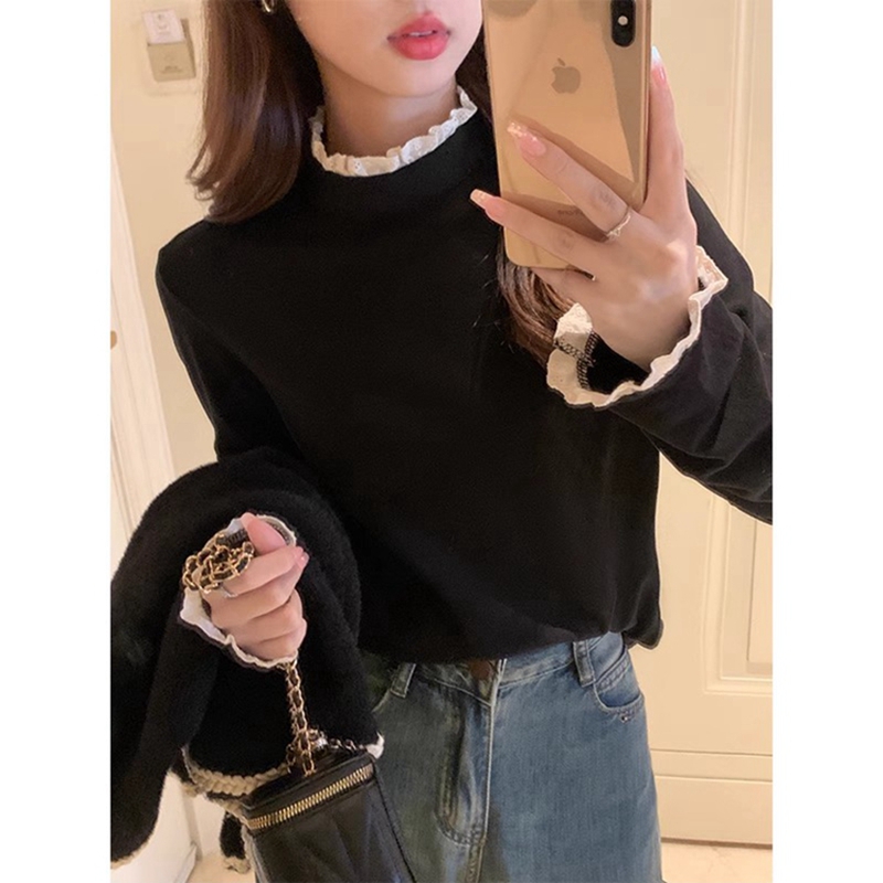 French style half turtleneck bottoming shirt T-shirt for women in autumn and winter lace splicing long-sleeved German velvet inner top