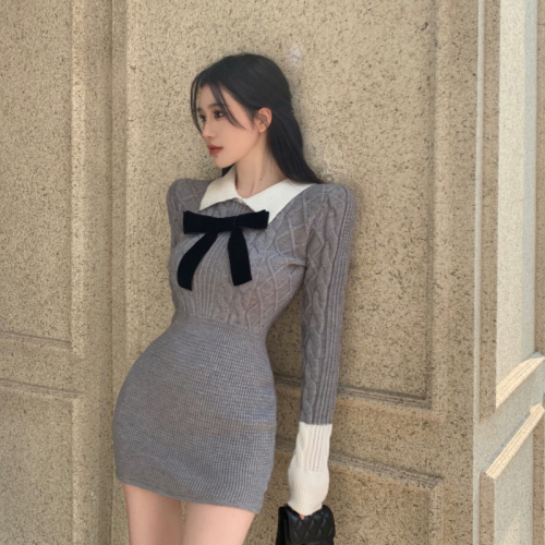 Real shot of knitted dress for women in autumn and winter, college style skirt with Polo collar and long-sleeved sweater skirt