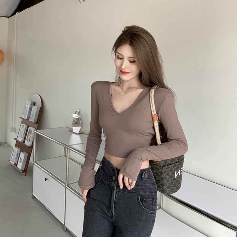 Milk silk T-shirt women's short slim long-sleeved bottoming shirt autumn sexy v-neck clavicle student top for women
