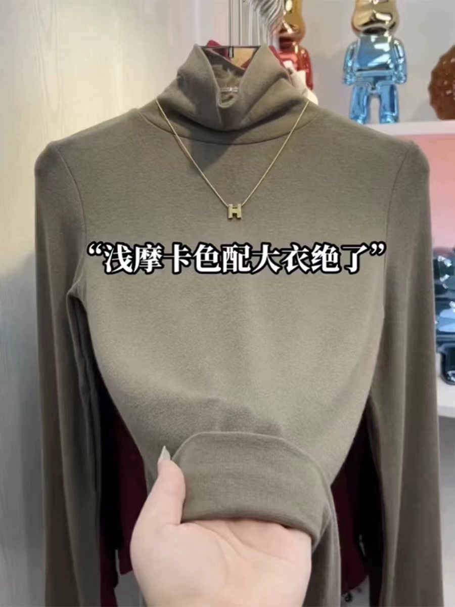 Fashionable and versatile turtleneck bottoming shirt 2023 autumn and winter new warm solid color pile collar top with large size