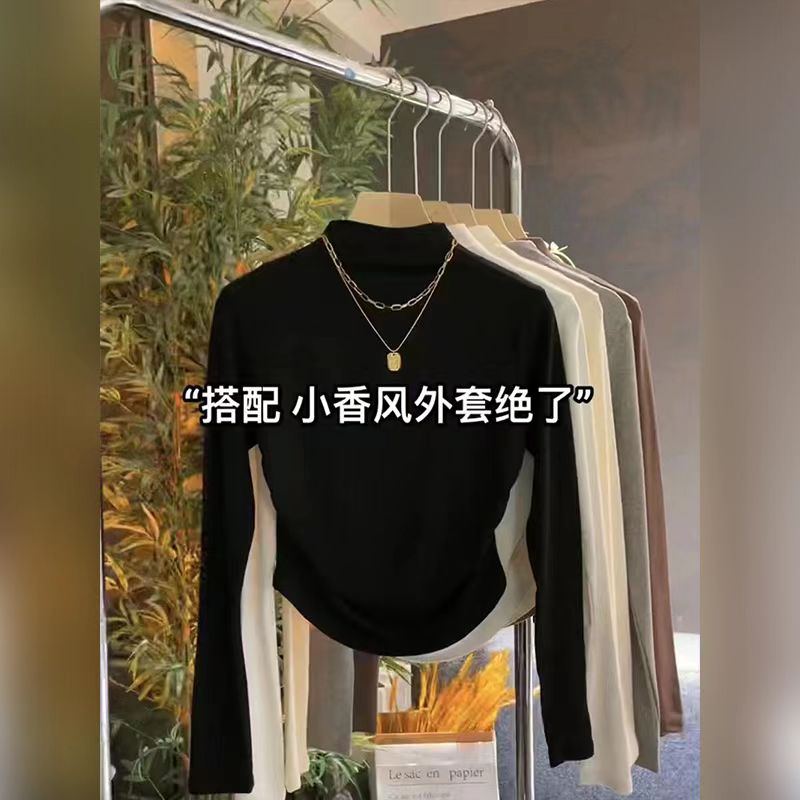 Half-turtle collar bottoming shirt for women in autumn and winter, waist-cinching pleated inner layer, double-sided German velvet long-sleeved T-shirt, slim-fitting, trendy top